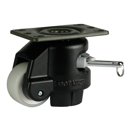 Foot Master Leveling Caster, Ratchet, 50 mm PU Wheel, 2-1/2 x 3-1/4 Plate, Swivel, 250 kg Cap, NBR Pad, Black GDR-60-F-HUP-FBL-PUS